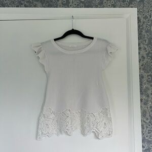 White Ruffle Sleeve Top with Lace Hem